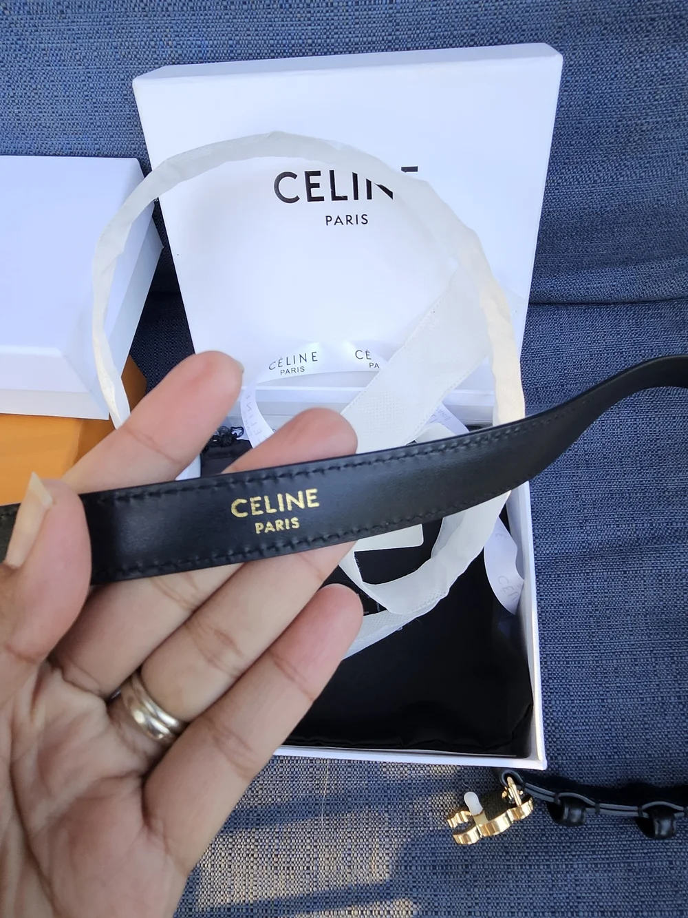 CELINE  Triomphe Black Leather Belt with Gold Buckle Size 95cm